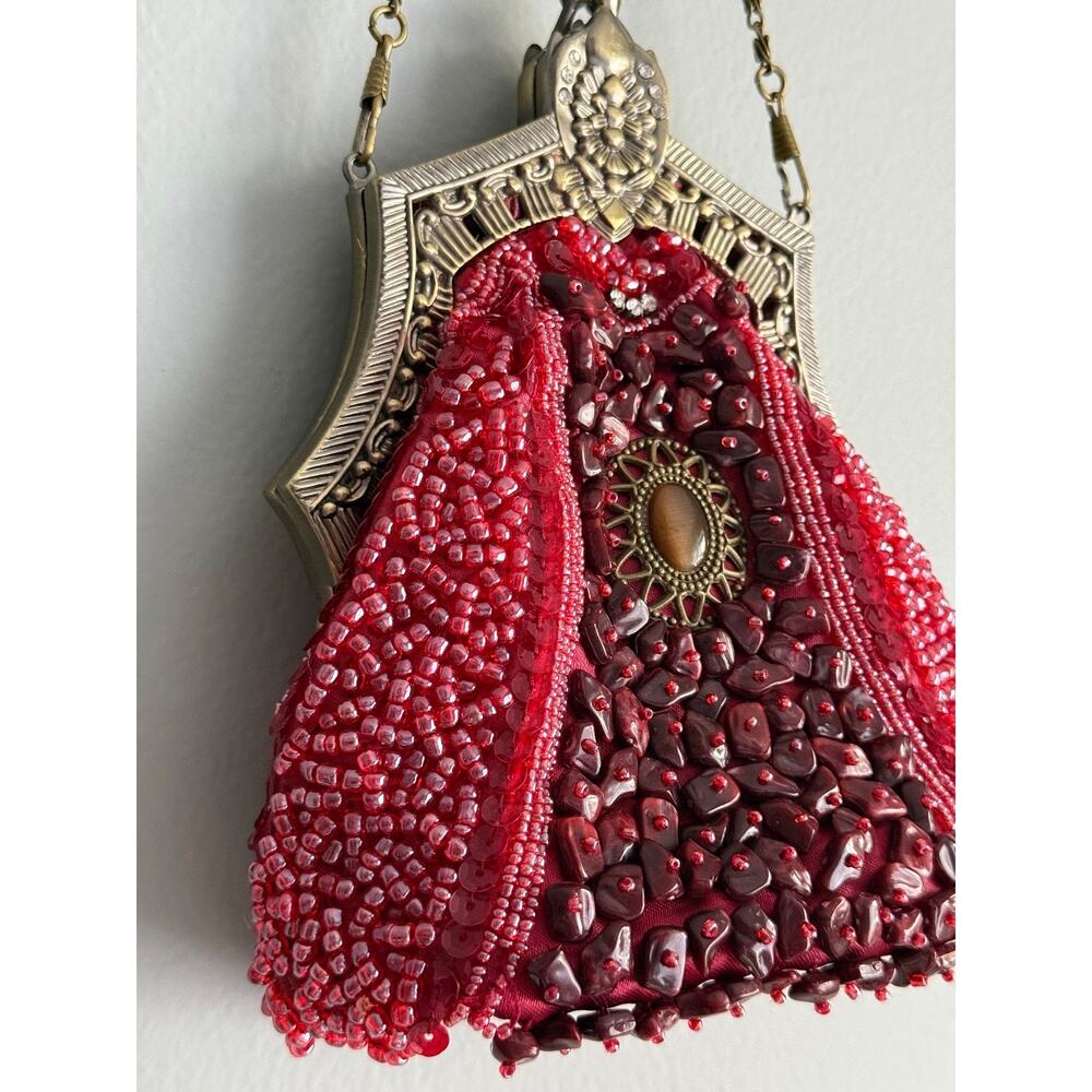 Vintage Style Burgundy Beaded Evening Bag Bronze Frame Chain Strap Cabochon - Picture 6 of 8